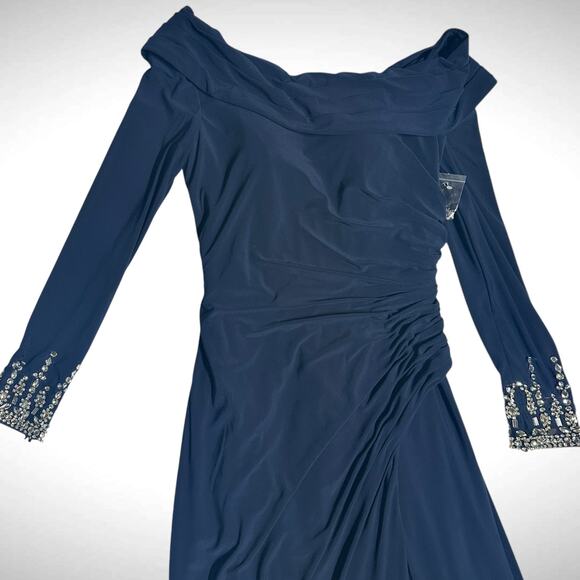 Mac Duggal Drop Shoulder Faux Wrap Navy Thigh Slit Jeweled Cuff Gown Dress Sz 4‎ - Picture 3 of 13